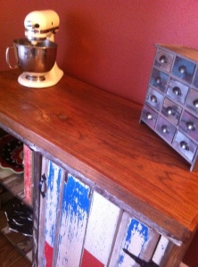 Solid 2-inch thick, salvaged red oak tops this industrial kitchen island.